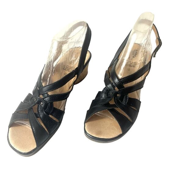 Spring Step Sandals Black Leather Cork Heel Sling Back Women Sz EU 42 US 11.5-12 - Picture 1 of 11